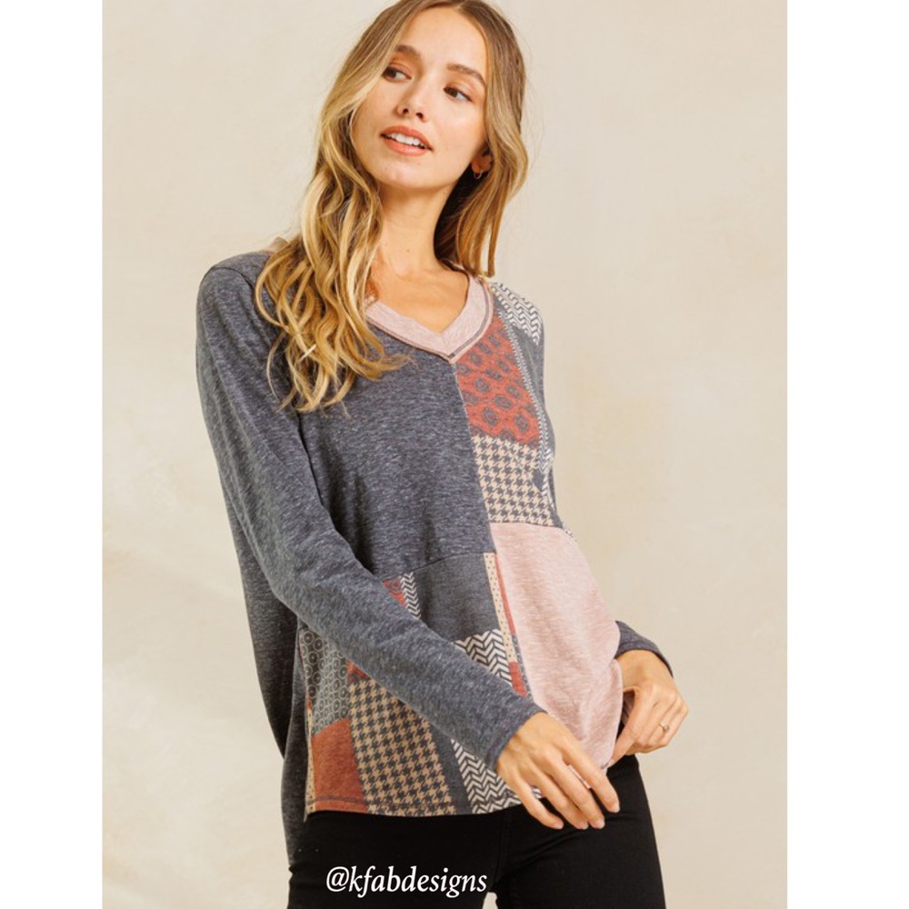 LAST 2! Beautiful V Neck Soft Knit Color Block Print Top! - Picture 4 of 5